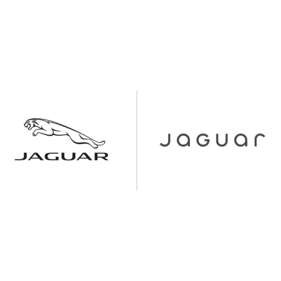 Porównanie starego i nowego logo Jaguara. Po lewej stronie klasyczne logo z jaguarem w skoku oraz napisem 'Jaguar', a po prawej nowoczesne, minimalistyczne logo w formie prostego napisu w eleganckiej typografii. Obraz ilustruje ewolucję identyfikacji wizualnej marki.