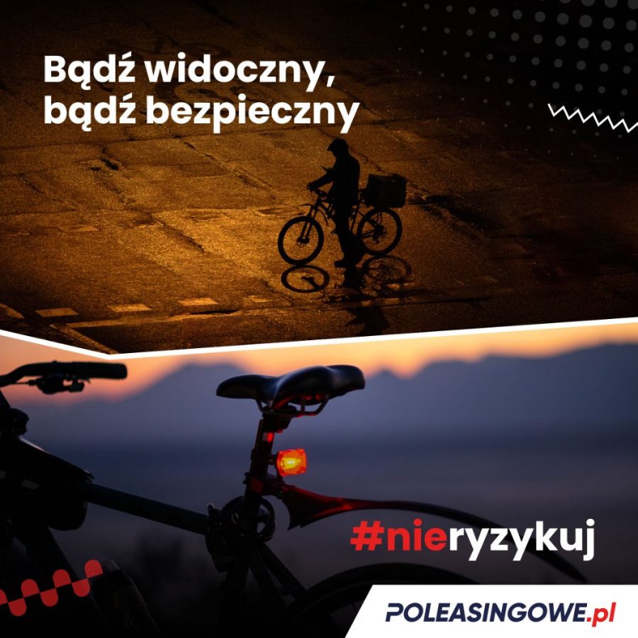 Dwuczęściowy obrazek. Na górze rowerzysta na oświetlonej drodze w nocy, na dole zbliżenie na rower z włączonym światłem tylnym o zmierzchu. Hasło: „Bądź widoczny, bądź bezpieczny”.