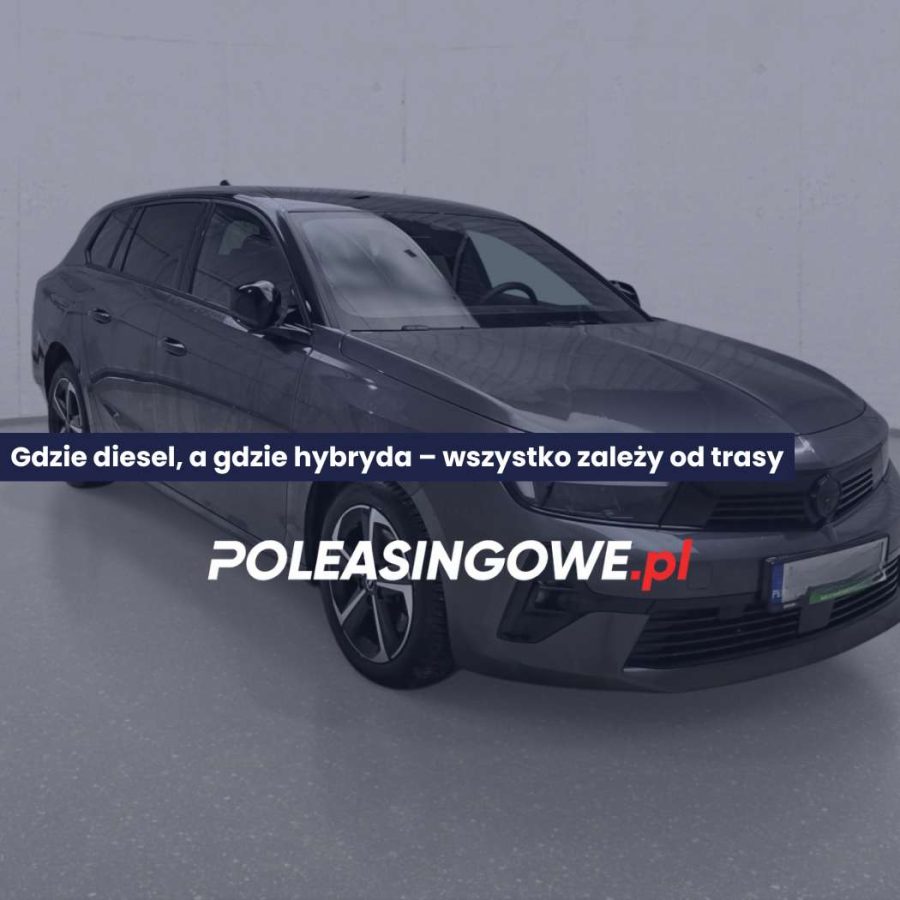 Szary samochód osobowy symbolizujący wybór między dieslem a hybrydą w zależności od rodzaju trasy.