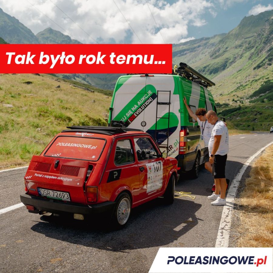 „Fiat 126p z logotypem Poleasingowe.pl na trasie górskiej – wspomnienie z poprzedniej edycji Wielkiej Wyprawy Maluchów”