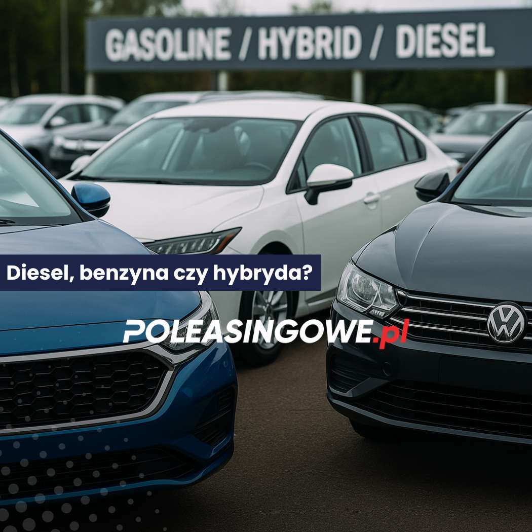 Samochody z różnymi typami napędów – diesel, benzyna i hybryda – zaparkowane obok siebie na placu sprzedaży.